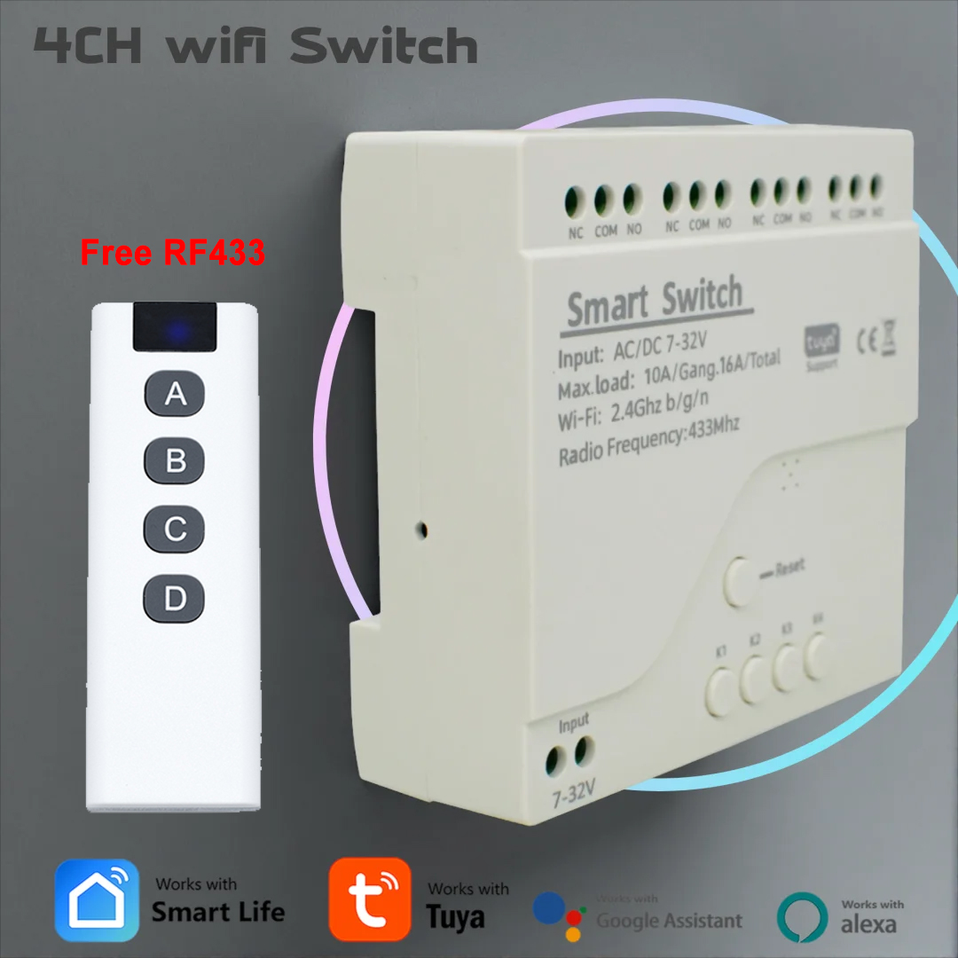 Tuya 4 Channel - 4-Kanal WLAN-Schutzschalter Tuya Smart Switch 12V